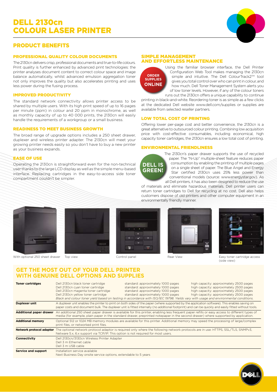 Dell 2130cn colour laser printer, Product benefits, Dell is green | Simple management and effortless maintenance | Dell 2130cn User Manual | Page 2 / 4