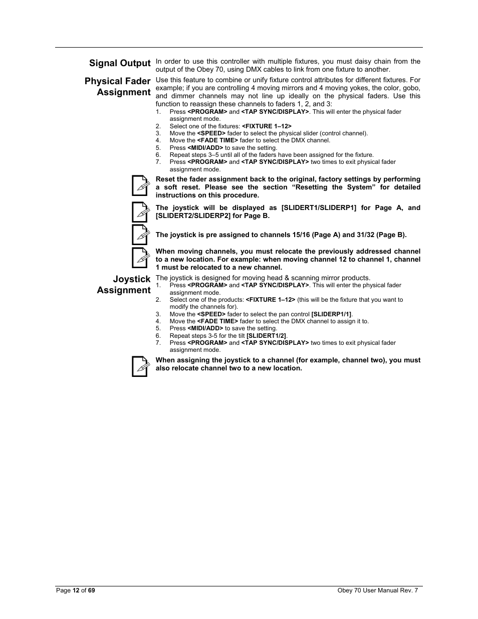 Signal output, Physical fader assignment, Joystick assignment | CHAUVET DJ Obey 70 Universal DMX-512 Controller User Manual | Page 12 / 69