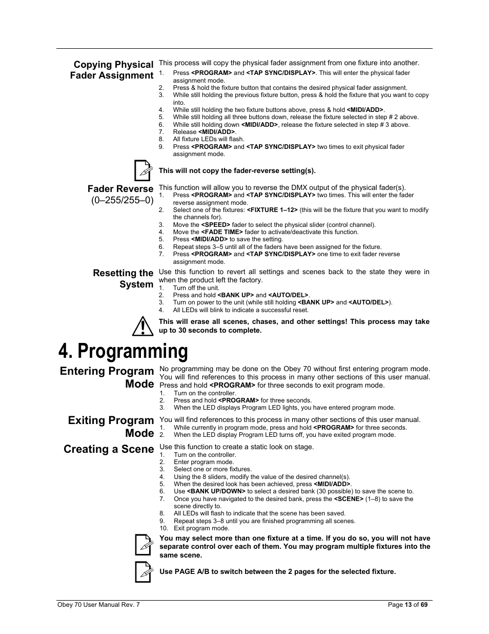 Copying physical fader assignment, Fader reverse (0–255/255–0), Resetting the system | Programming, Entering program mode, Exiting program mode, Creating a scene | CHAUVET DJ Obey 70 Universal DMX-512 Controller User Manual | Page 13 / 69