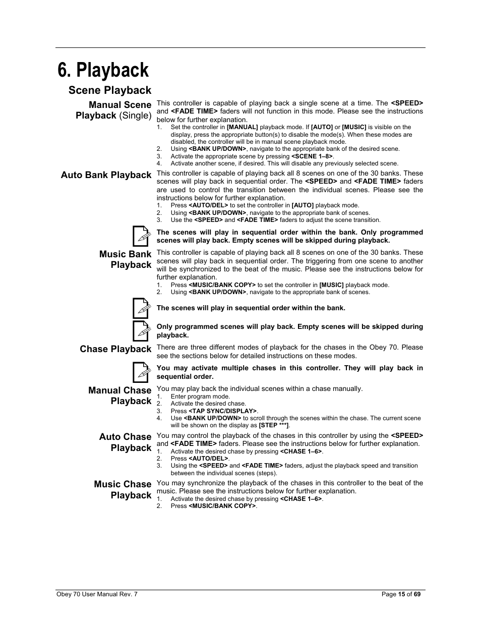Playback, Manual scene playback (single), Auto bank playback | Music bank playback, Chase playback, Manual chase playback, Auto chase playback, Music chase playback, Scene playback | CHAUVET DJ Obey 70 Universal DMX-512 Controller User Manual | Page 15 / 69