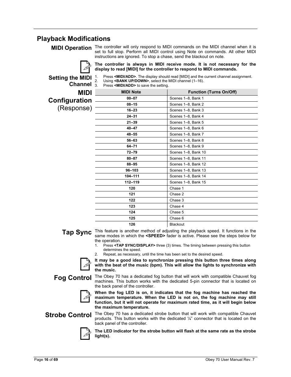 Midi operation, Setting the midi channel, Playback modifications | Midi configuration (response), Tap sync, Fog control, Strobe control | CHAUVET DJ Obey 70 Universal DMX-512 Controller User Manual | Page 16 / 69
