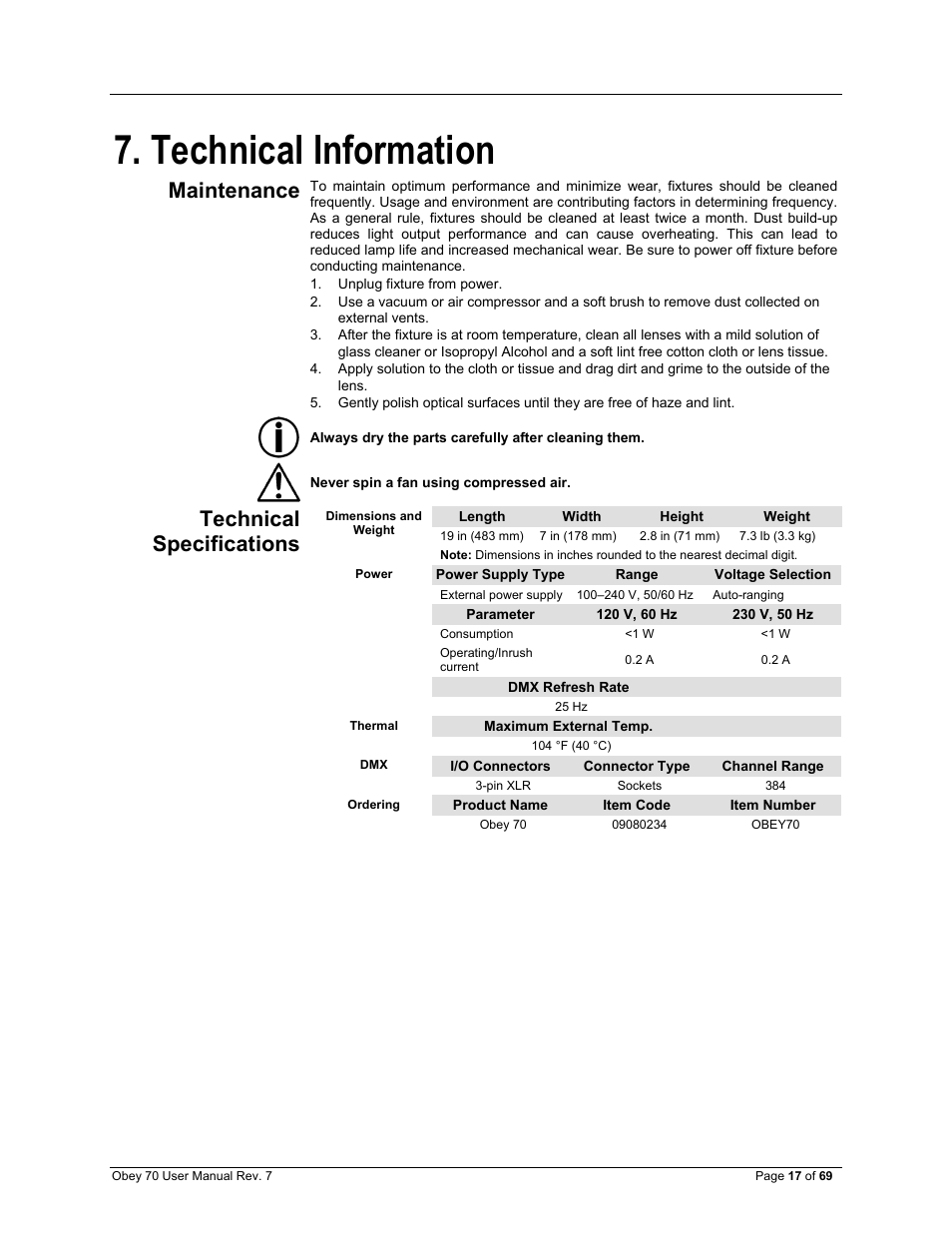 Technical information, Maintenance, Technical specifications | CHAUVET DJ Obey 70 Universal DMX-512 Controller User Manual | Page 17 / 69