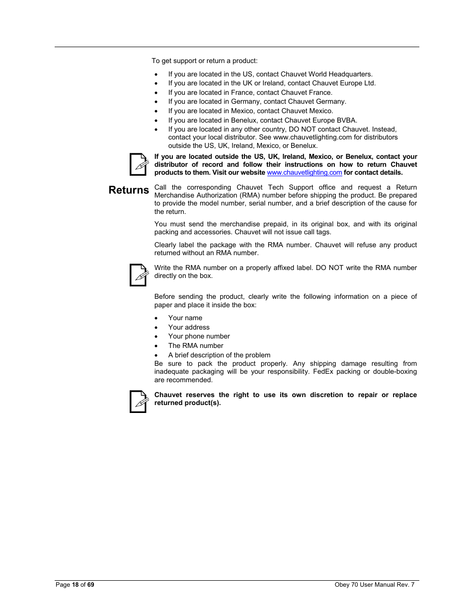 Returns | CHAUVET DJ Obey 70 Universal DMX-512 Controller User Manual | Page 18 / 69