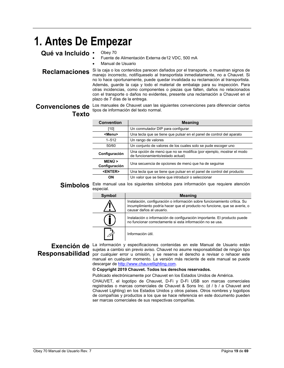 Antes de empezar, Qué va incluido, Reclamaciones | Convenciones de texto, Símbolos, Exención de responsabilidad | CHAUVET DJ Obey 70 Universal DMX-512 Controller User Manual | Page 19 / 69