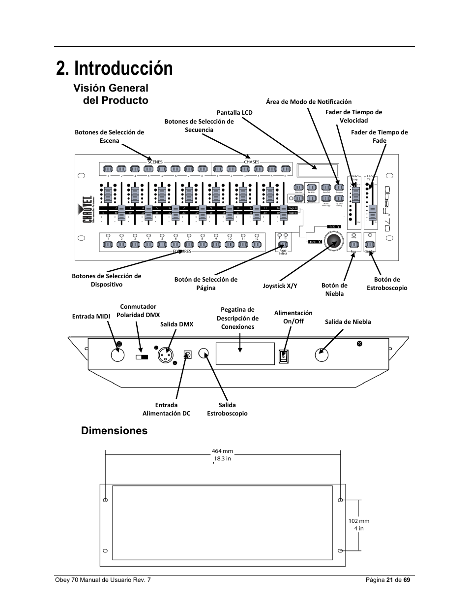 Introducción, Visión general del producto, Dimensiones | CHAUVET DJ Obey 70 Universal DMX-512 Controller User Manual | Page 21 / 69
