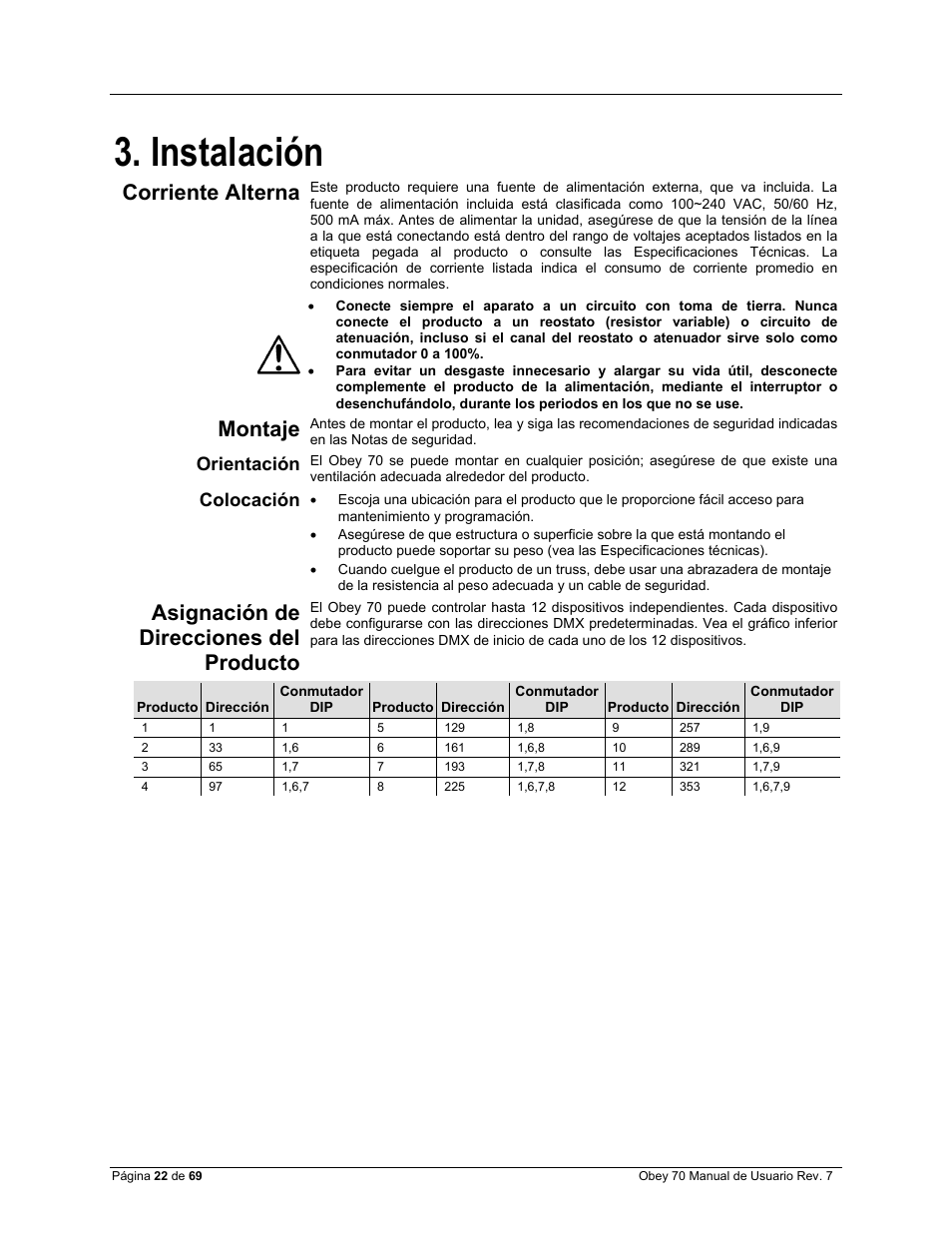 Instalación, Orientación, Colocación | Corriente alterna, Montaje, Asignación de direcciones del producto | CHAUVET DJ Obey 70 Universal DMX-512 Controller User Manual | Page 22 / 69