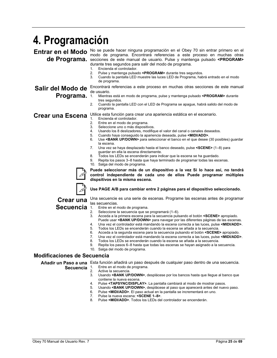 Programación, Modificaciones de secuencia, Añadir un paso a una secuencia | Entrar en el modo de programa, Salir del modo de programa, Crear una escena, Crear una secuencia | CHAUVET DJ Obey 70 Universal DMX-512 Controller User Manual | Page 25 / 69