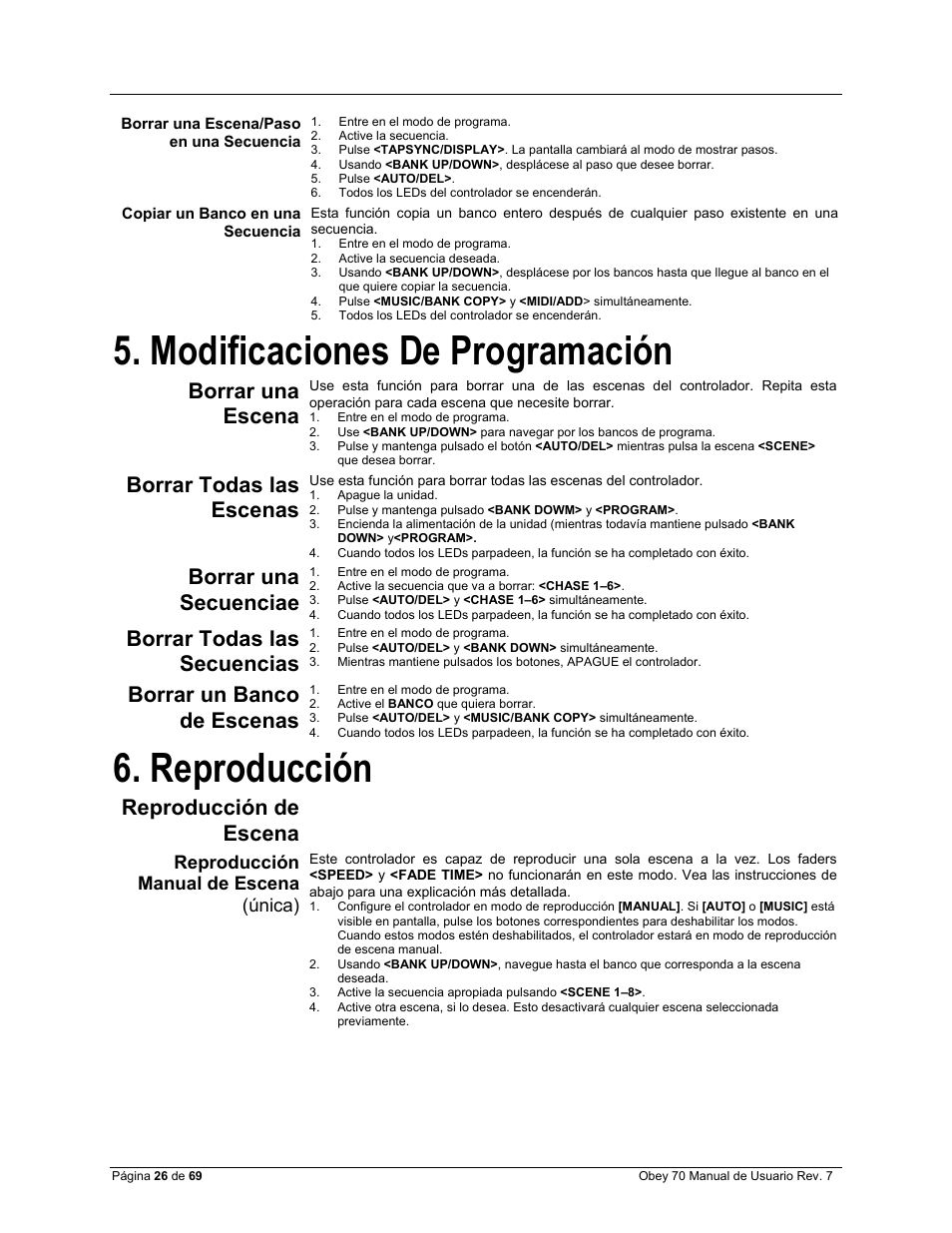 Borrar una escena/paso en una secuencia, Copiar un banco en una secuencia, Modificaciones de programación | Reproducción, Reproducción manual de escena (única), Borrar una escena, Borrar todas las escenas, Borrar una secuenciae, Borrar todas las secuencias, Borrar un banco de escenas | CHAUVET DJ Obey 70 Universal DMX-512 Controller User Manual | Page 26 / 69