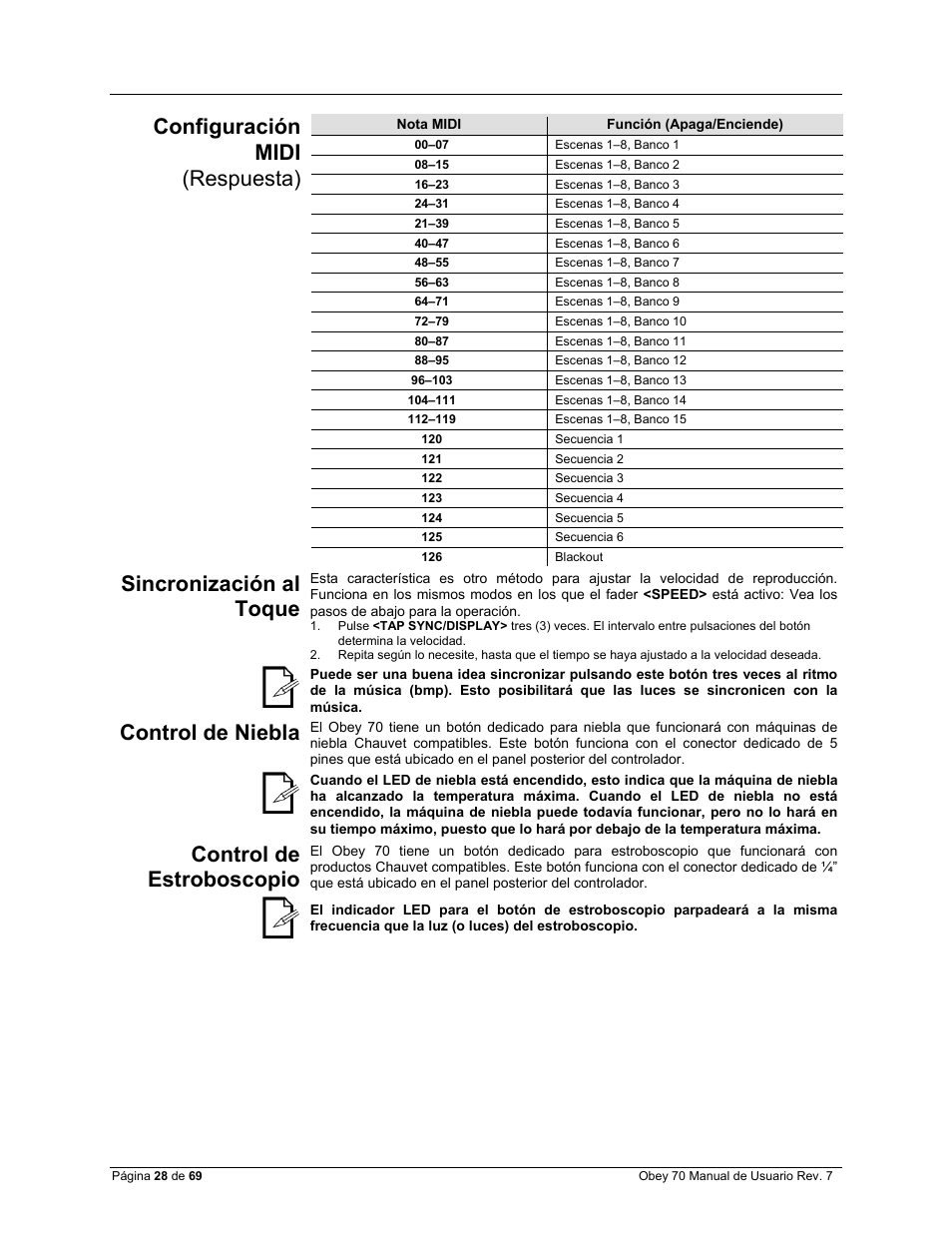 Configuración midi, Respuesta), Sincronización al toque | Control de niebla, Control de estroboscopio, Configuración midi (respuesta) | CHAUVET DJ Obey 70 Universal DMX-512 Controller User Manual | Page 28 / 69