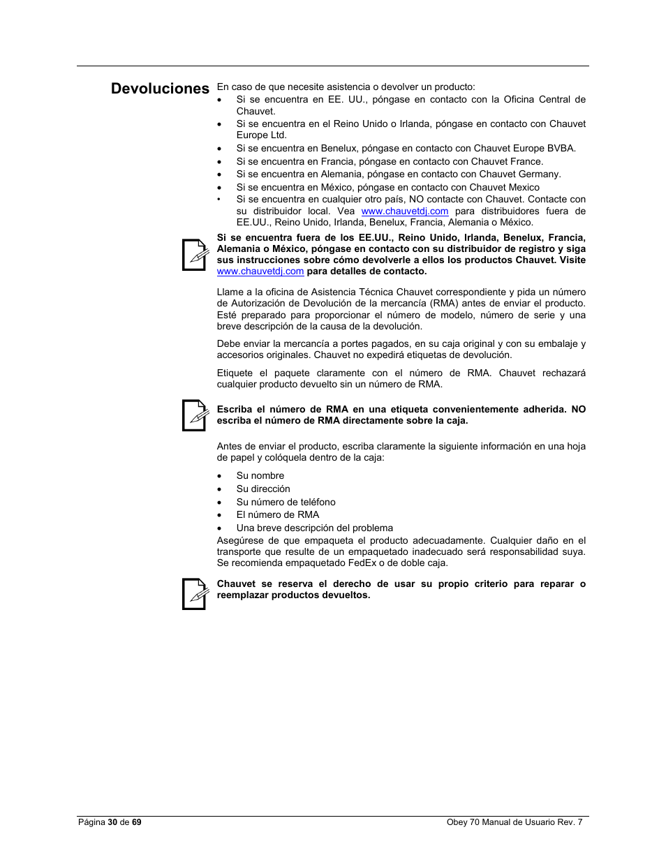 Devoluciones | CHAUVET DJ Obey 70 Universal DMX-512 Controller User Manual | Page 30 / 69