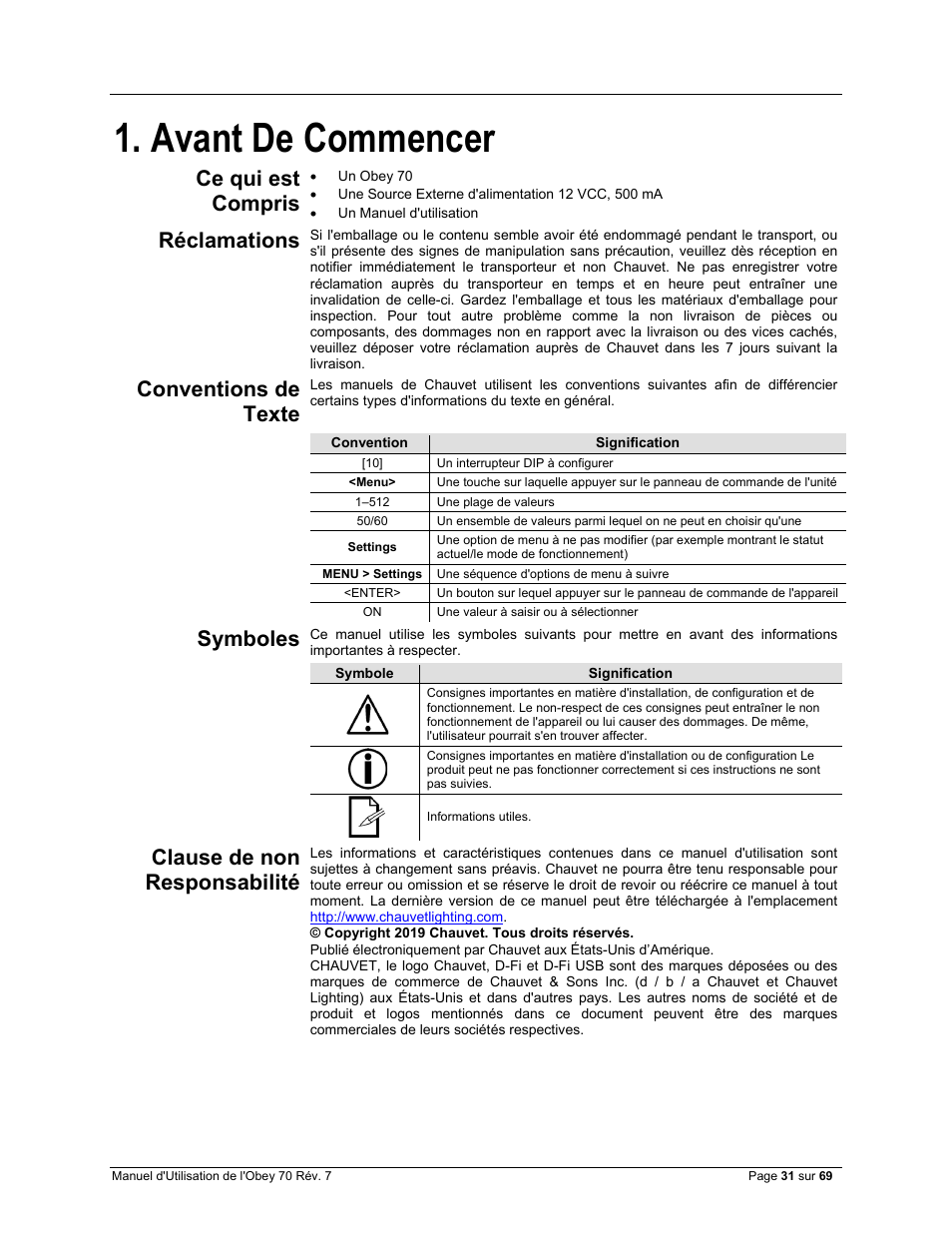 Avant de commencer, Ce qui est compris, Réclamations | Conventions de texte, Symboles, Clause de non responsabilité | CHAUVET DJ Obey 70 Universal DMX-512 Controller User Manual | Page 31 / 69