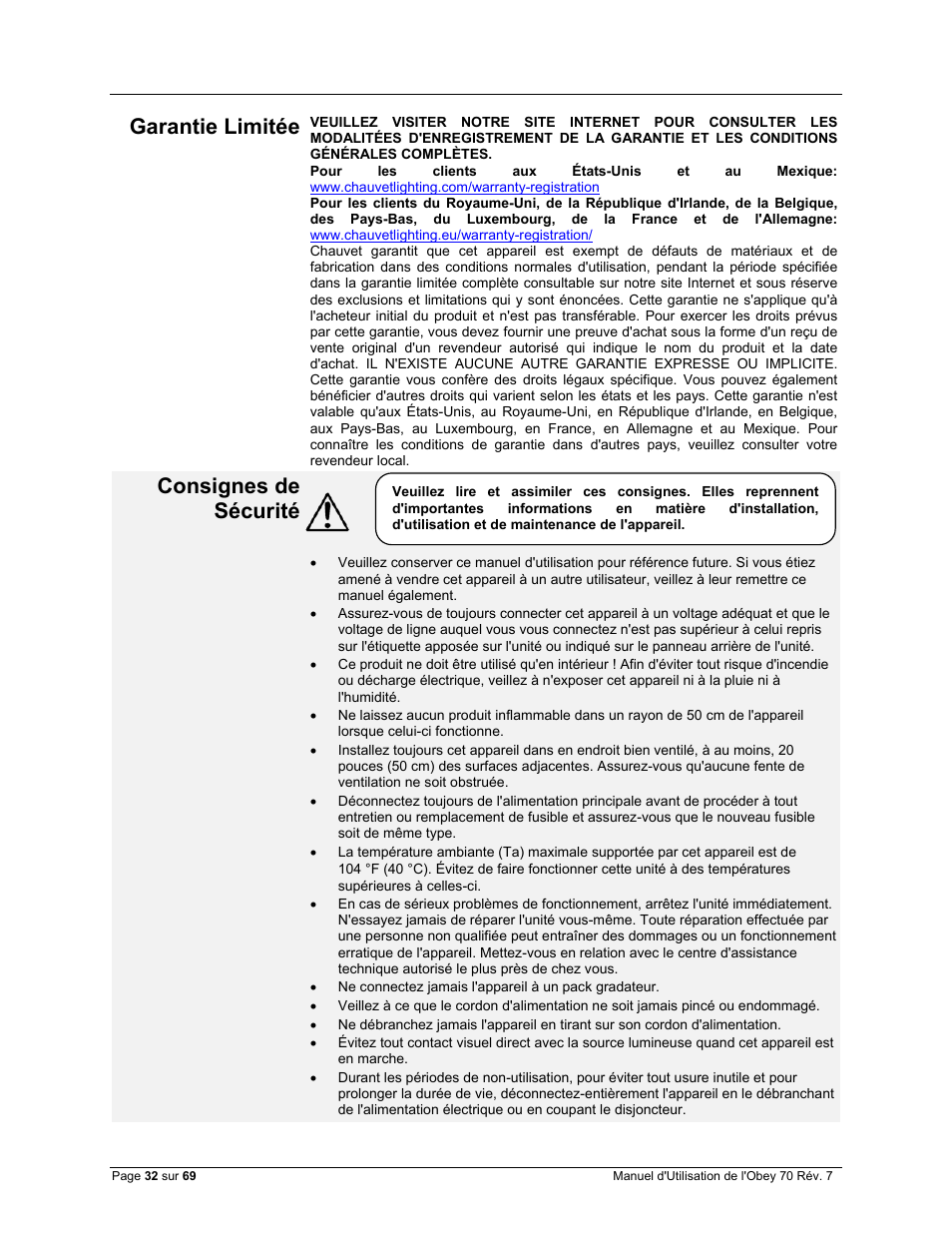 Garantie limitée, Consignes de sécurité | CHAUVET DJ Obey 70 Universal DMX-512 Controller User Manual | Page 32 / 69