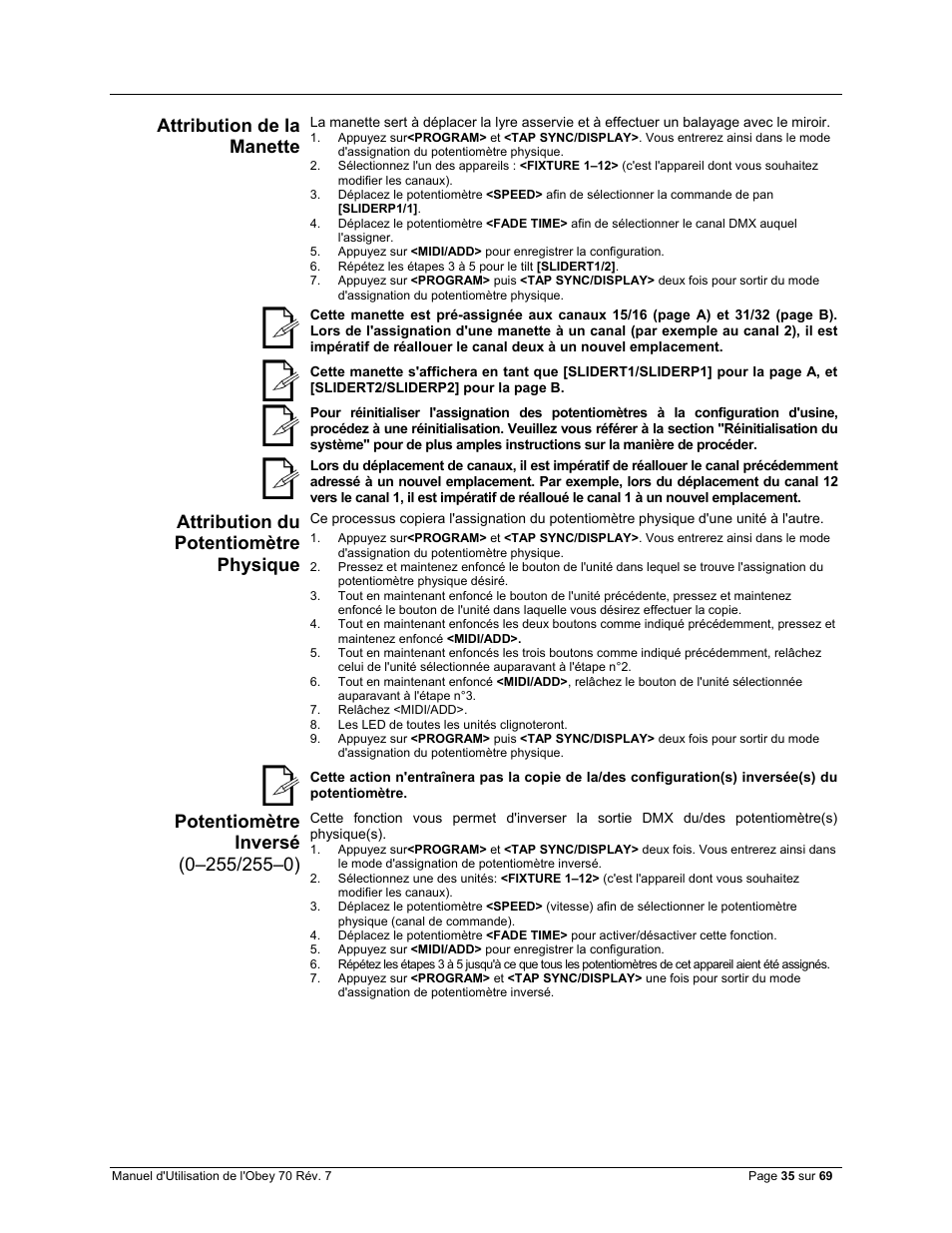 Attribution de la manette, Attribution du potentiomètre physique, Potentiomètre inversé (0–255/255–0) | CHAUVET DJ Obey 70 Universal DMX-512 Controller User Manual | Page 35 / 69