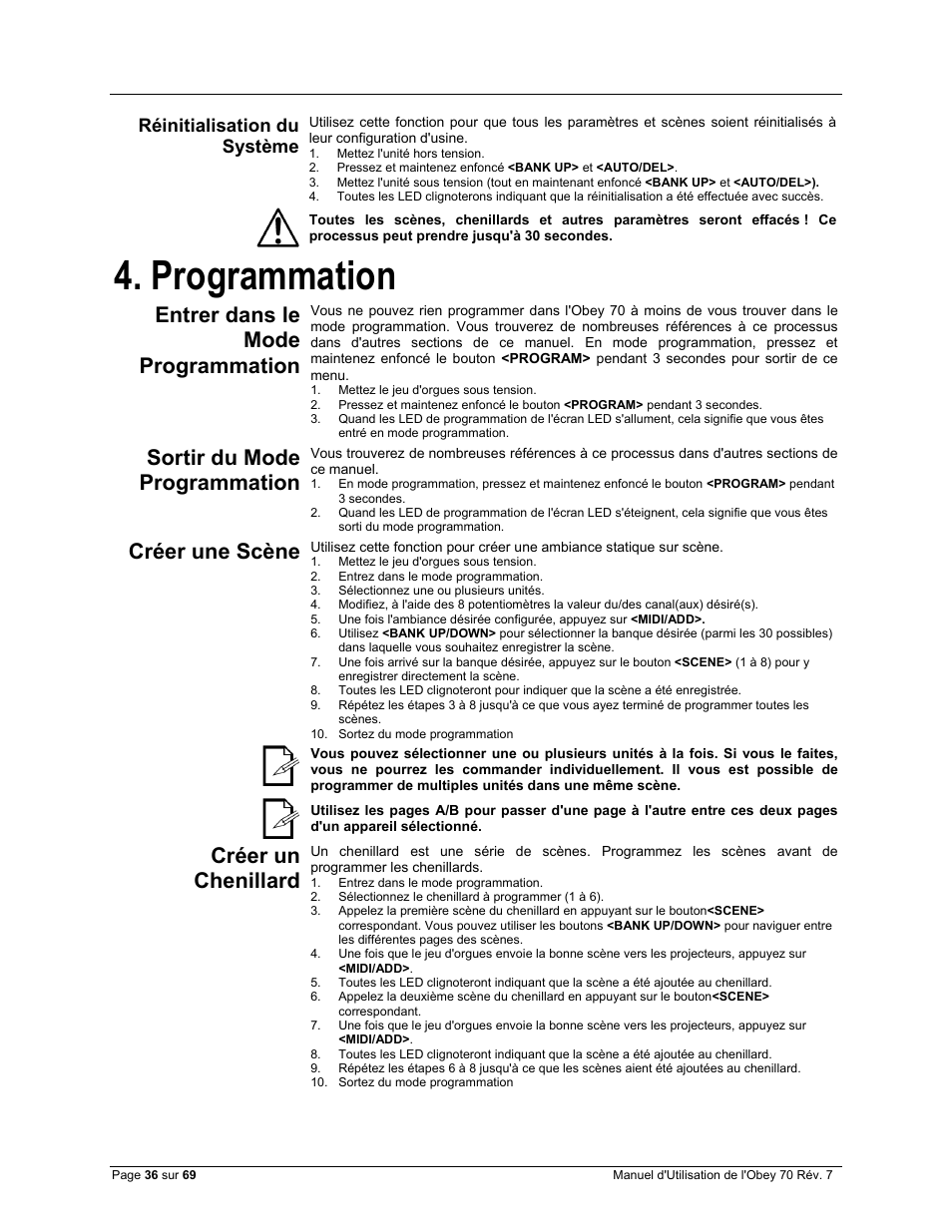 Réinitialisation du système, Programmation, Entrer dans le mode programmation | Sortir du mode programmation, Créer une scène, Créer un chenillard | CHAUVET DJ Obey 70 Universal DMX-512 Controller User Manual | Page 36 / 69