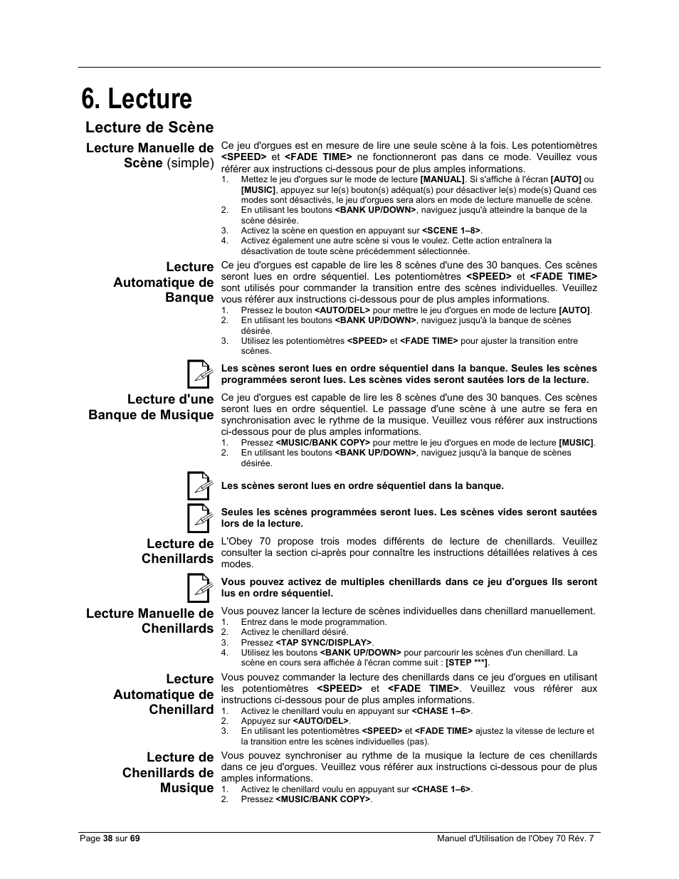 Lecture, Lecture manuelle de scène (simple), Lecture automatique de banque | Lecture d'une banque de musique, Lecture de chenillards, Lecture manuelle de chenillards, Lecture automatique de chenillard, Lecture de chenillards de musique, Lecture de scène | CHAUVET DJ Obey 70 Universal DMX-512 Controller User Manual | Page 38 / 69