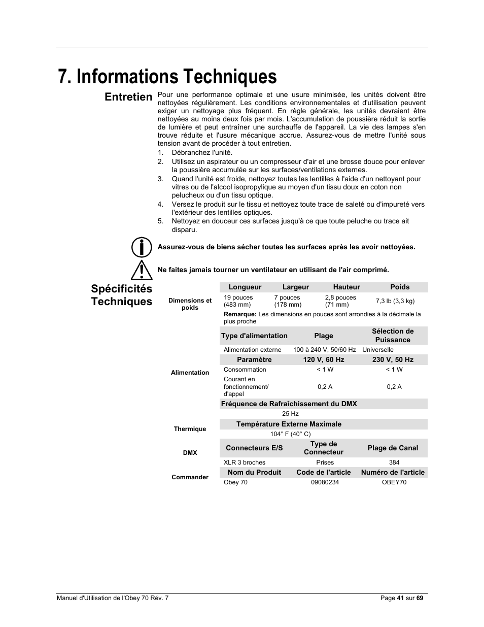 Informations techniques, Entretien, Spécificités techniques | CHAUVET DJ Obey 70 Universal DMX-512 Controller User Manual | Page 41 / 69