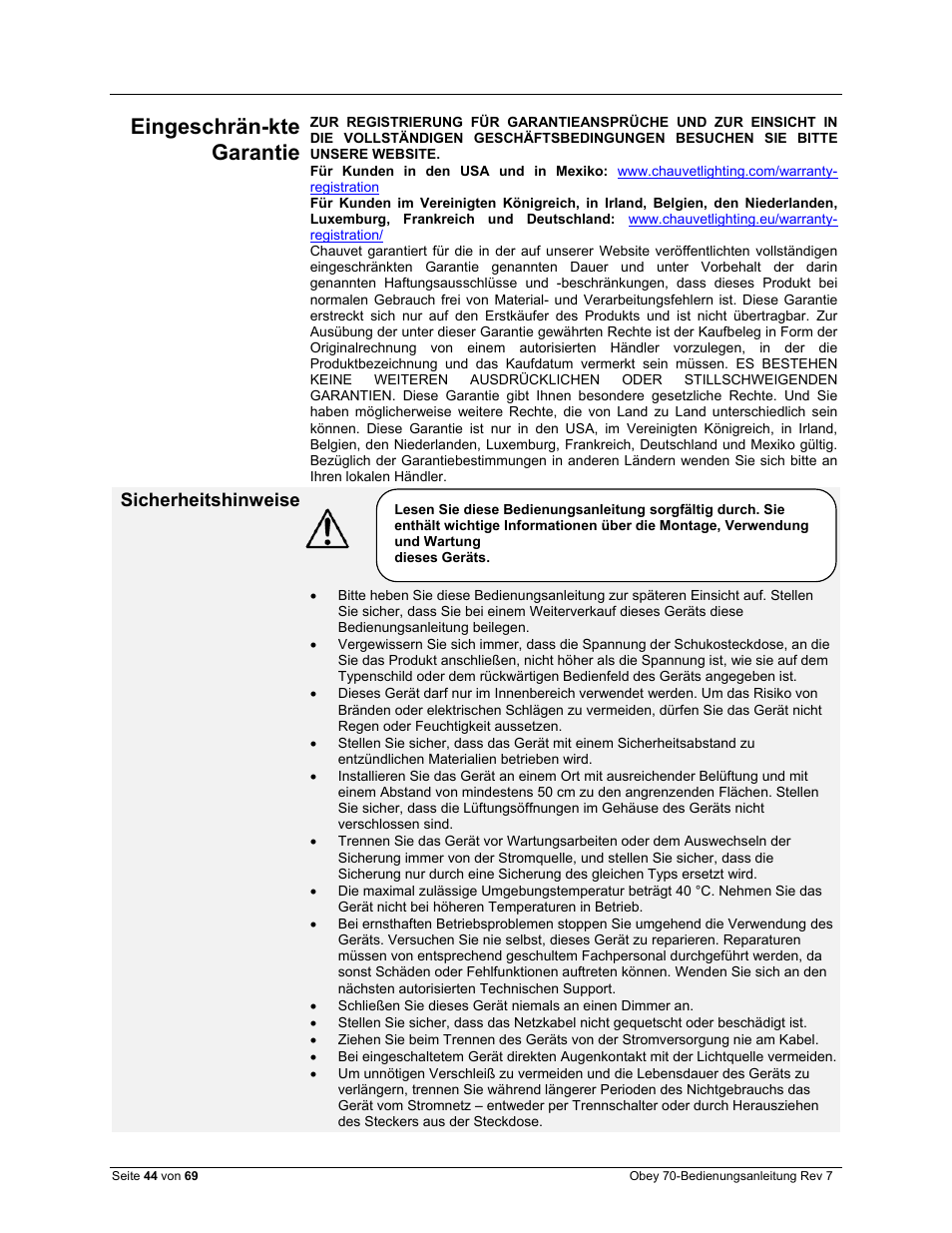 Eingeschrän-kte garantie, Sicherheitshinweise | CHAUVET DJ Obey 70 Universal DMX-512 Controller User Manual | Page 44 / 69