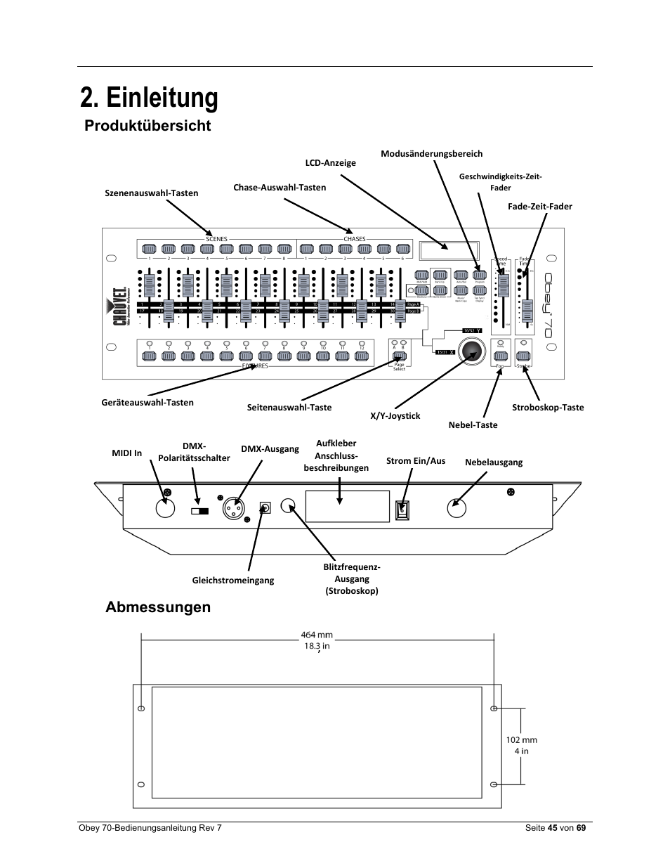 Einleitung, Produktübersicht, Abmessungen | CHAUVET DJ Obey 70 Universal DMX-512 Controller User Manual | Page 45 / 69