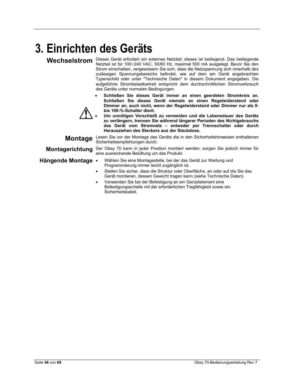Einrichten des geräts, Montagerichtung, Hängende montage | Wechselstrom, Montage | CHAUVET DJ Obey 70 Universal DMX-512 Controller User Manual | Page 46 / 69