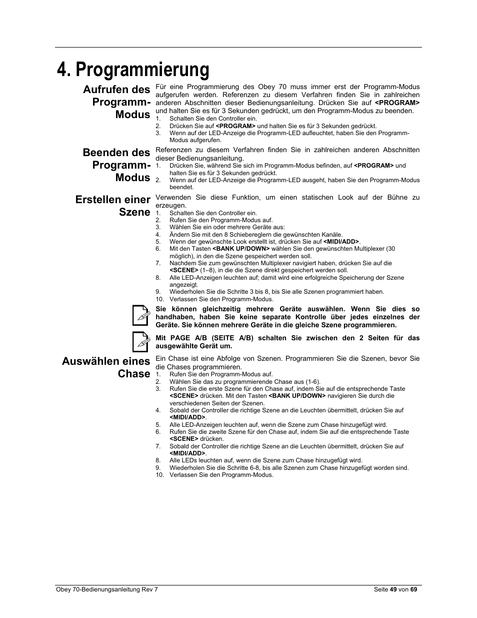Programmierung, Aufrufen des programm-modus, Beenden des programm-modus | Erstellen einer szene, Auswählen eines chase, Aufrufen des programm- modus, Beenden des programm- modus | CHAUVET DJ Obey 70 Universal DMX-512 Controller User Manual | Page 49 / 69