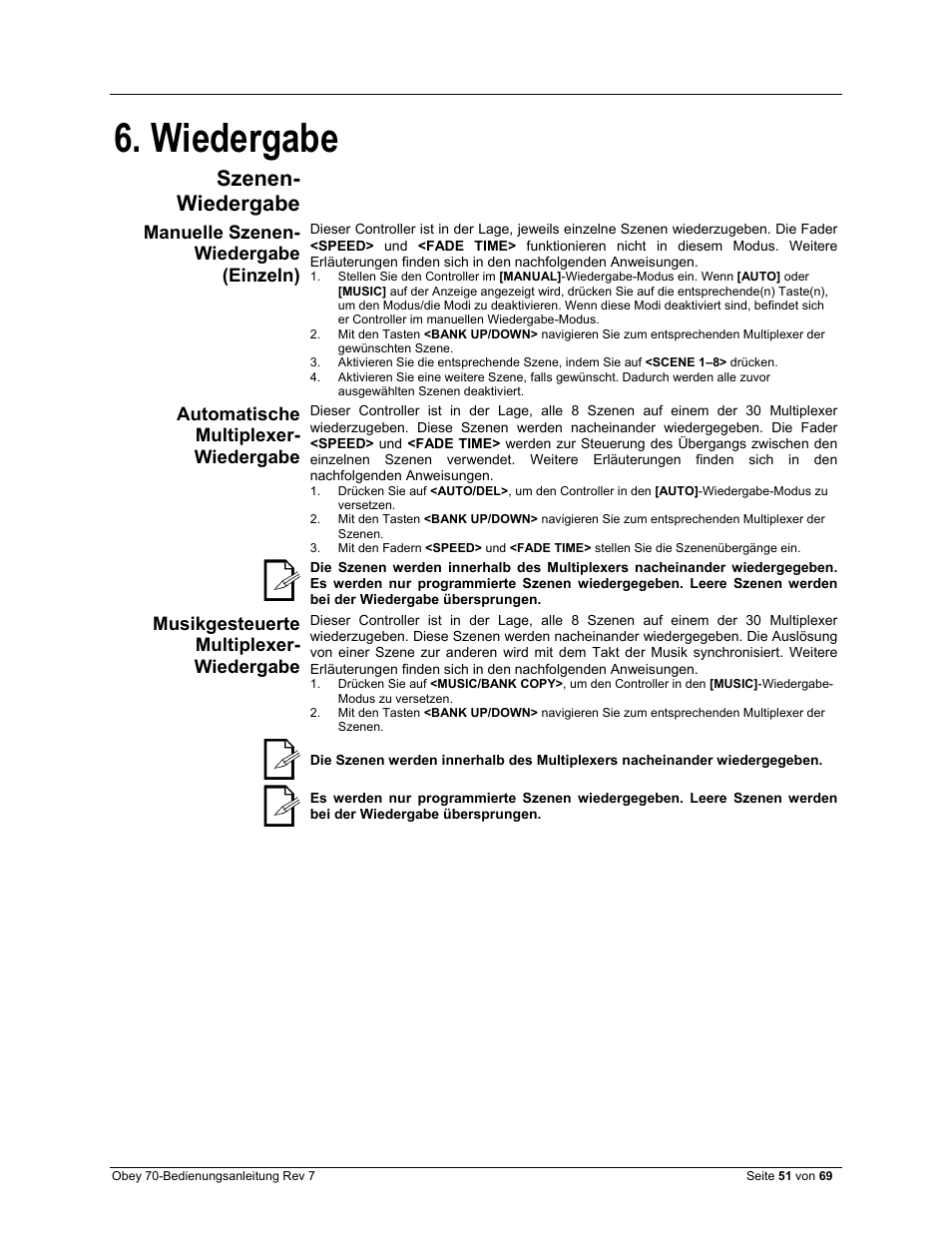 Wiedergabe, Manuelle szenen-wiedergabe (einzeln), Automatische multiplexer-wiedergabe | Musikgesteuerte multiplexer-wiedergabe, Szenen-wiedergabe, Szenen- wiedergabe, Manuelle szenen- wiedergabe (einzeln), Automatische multiplexer- wiedergabe, Musikgesteuerte multiplexer- wiedergabe | CHAUVET DJ Obey 70 Universal DMX-512 Controller User Manual | Page 51 / 69