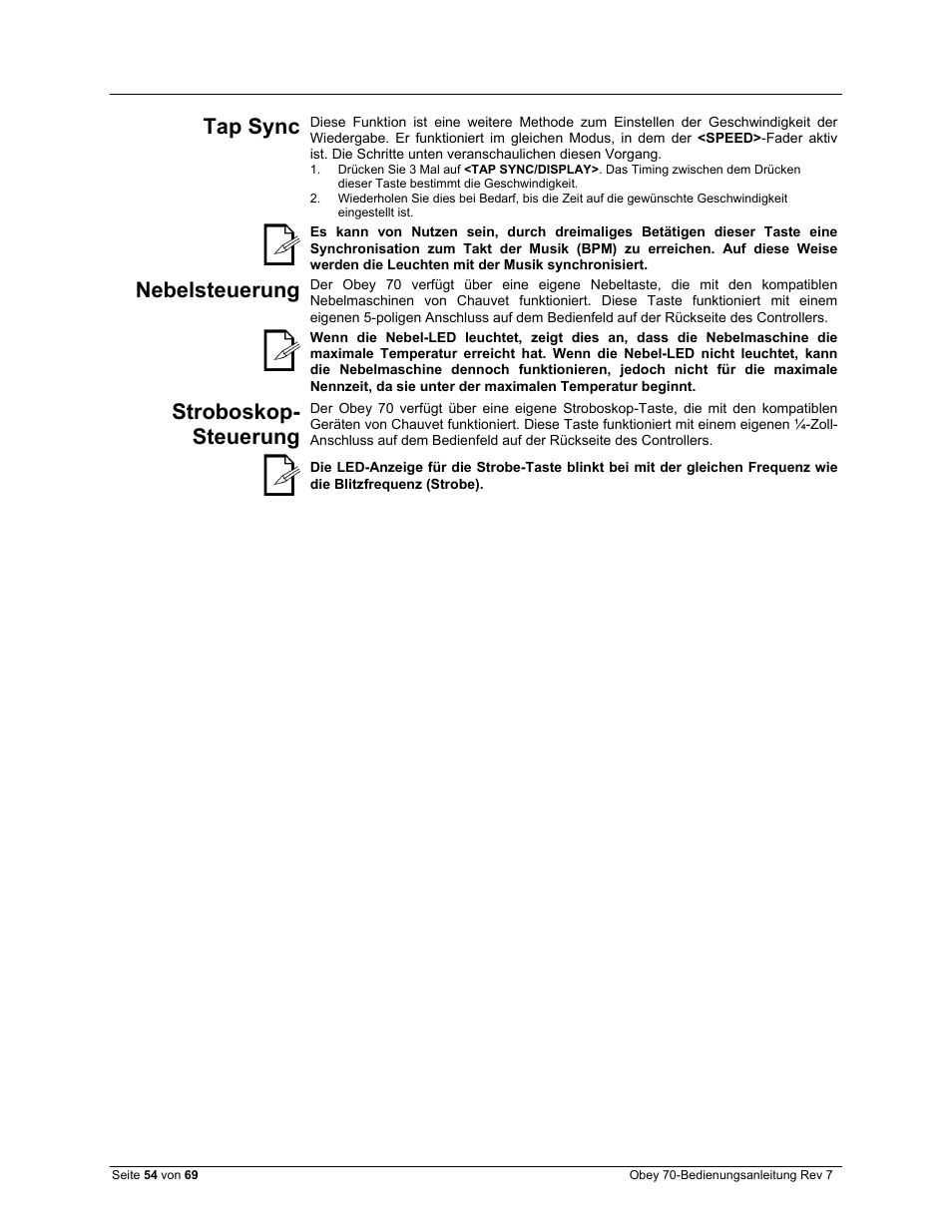 Tap sync, Nebelsteuerung, Stroboskop-steuerung | Stroboskop- steuerung | CHAUVET DJ Obey 70 Universal DMX-512 Controller User Manual | Page 54 / 69