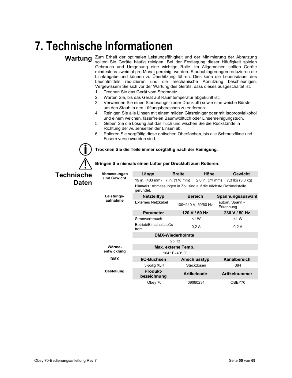 Technische informationen, Wartung, Technische daten | CHAUVET DJ Obey 70 Universal DMX-512 Controller User Manual | Page 55 / 69