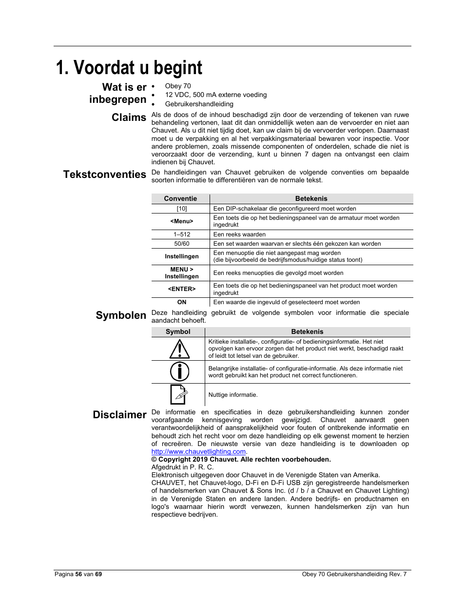 Voordat u begint, Wat is er inbegrepen, Claims | Tekstconventies, Symbolen, Disclaimer | CHAUVET DJ Obey 70 Universal DMX-512 Controller User Manual | Page 56 / 69