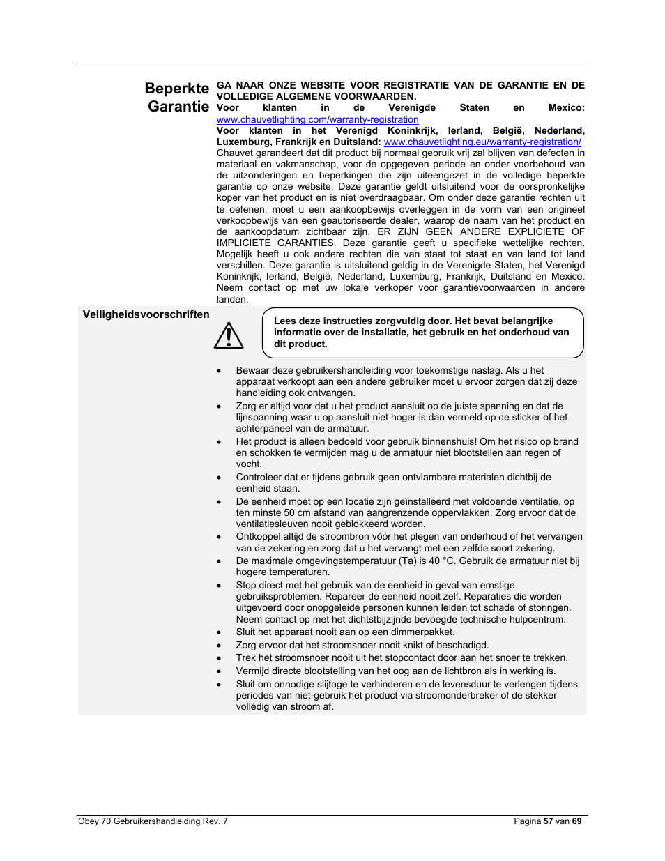 Beperkte garantie, Veiligheidsvoorschriften | CHAUVET DJ Obey 70 Universal DMX-512 Controller User Manual | Page 57 / 69