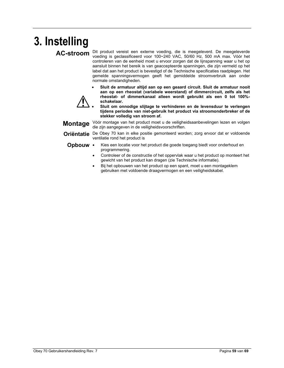 Instelling, Oriëntatie, Opbouw | Ac-stroom, Montage | CHAUVET DJ Obey 70 Universal DMX-512 Controller User Manual | Page 59 / 69