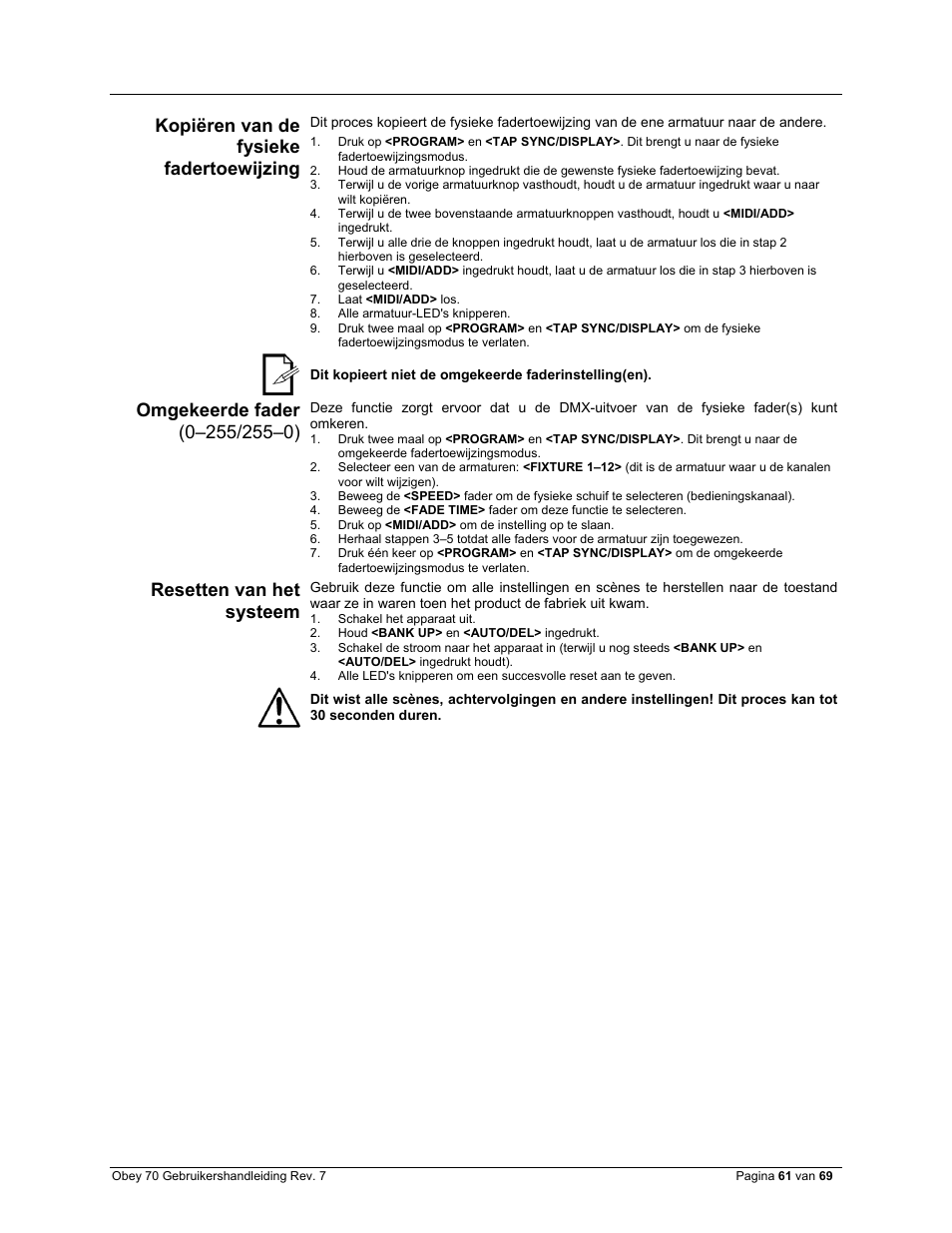 Kopiëren van de fysieke fadertoewijzing, Omgekeerde fader (0–255/255–0), Resetten van het systeem | CHAUVET DJ Obey 70 Universal DMX-512 Controller User Manual | Page 61 / 69