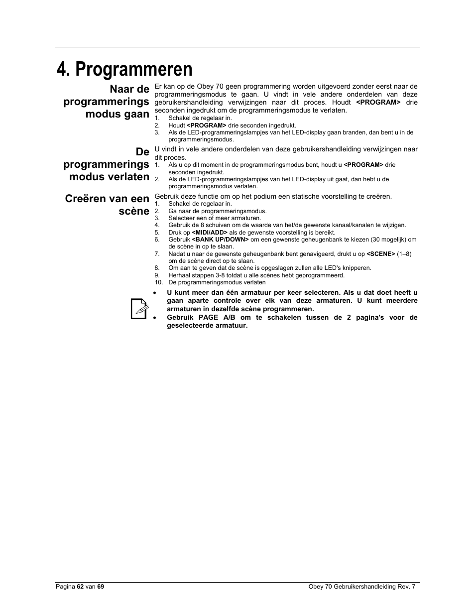 Programmeren, Naar de programmeringsmodus gaan, De programmeringsmodus verlaten | Creëren van een scène, Naar de programmerings modus gaan, De programmerings modus verlaten | CHAUVET DJ Obey 70 Universal DMX-512 Controller User Manual | Page 62 / 69