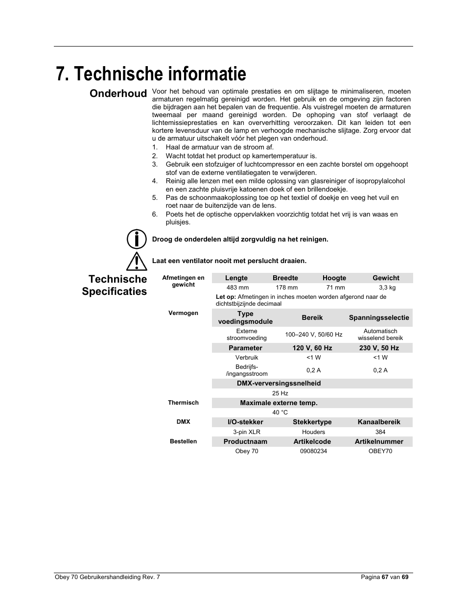 Technische informatie, Onderhoud, Technische specificaties | CHAUVET DJ Obey 70 Universal DMX-512 Controller User Manual | Page 67 / 69