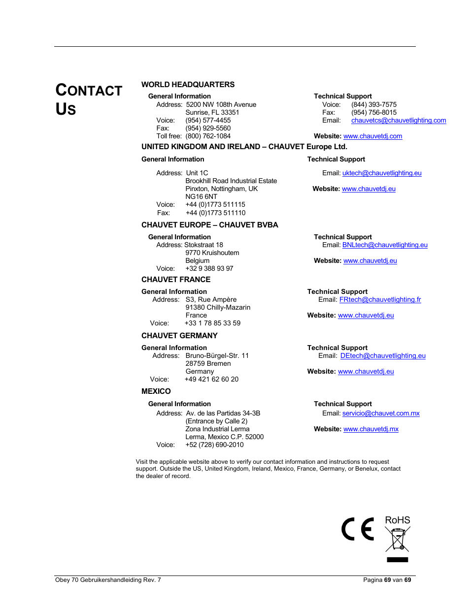 Ontact | CHAUVET DJ Obey 70 Universal DMX-512 Controller User Manual | Page 69 / 69