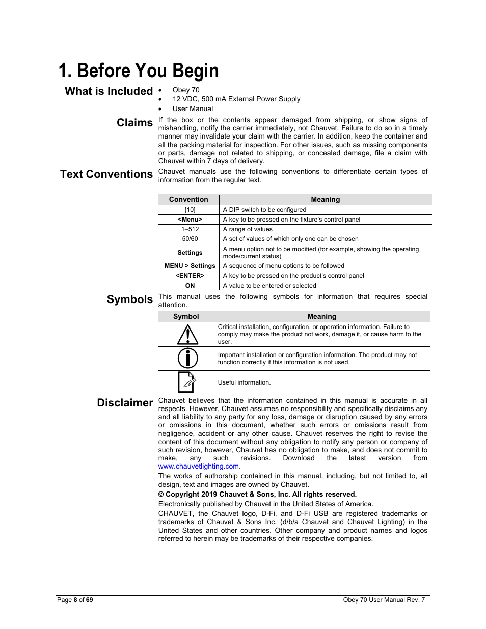Before you begin, What is included, Claims | Text conventions, Symbols, Disclaimer | CHAUVET DJ Obey 70 Universal DMX-512 Controller User Manual | Page 8 / 69