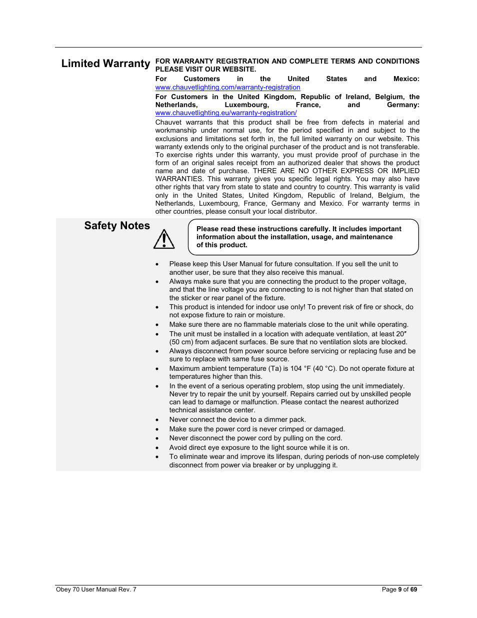 Limited warranty, Safety notes | CHAUVET DJ Obey 70 Universal DMX-512 Controller User Manual | Page 9 / 69
