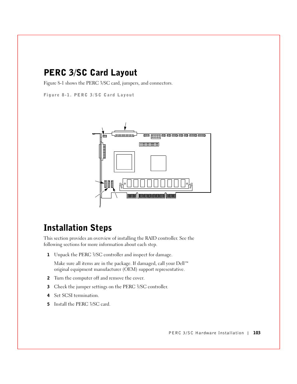 Perc 3/sc card layout, Installation steps | Dell 3 User Manual | Page 105 / 254