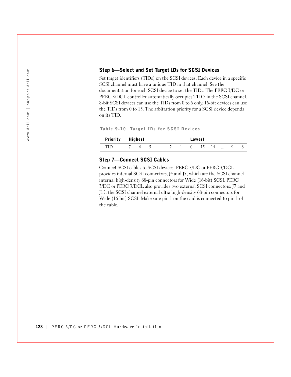 Step 6—select and set target ids for scsi devices, Step 7—connect scsi cables | Dell 3 User Manual | Page 130 / 254