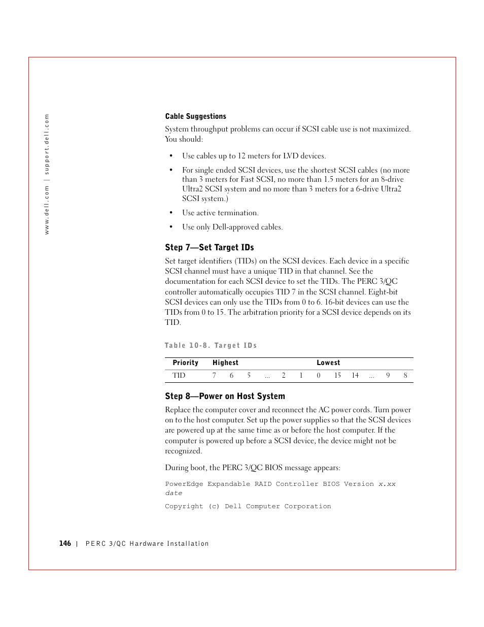 Step 7—set target ids, Step 8—power on host system | Dell 3 User Manual | Page 148 / 254