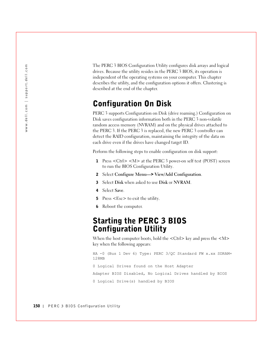 Configuration on disk, Starting the perc 3 bios configuration utility | Dell 3 User Manual | Page 152 / 254