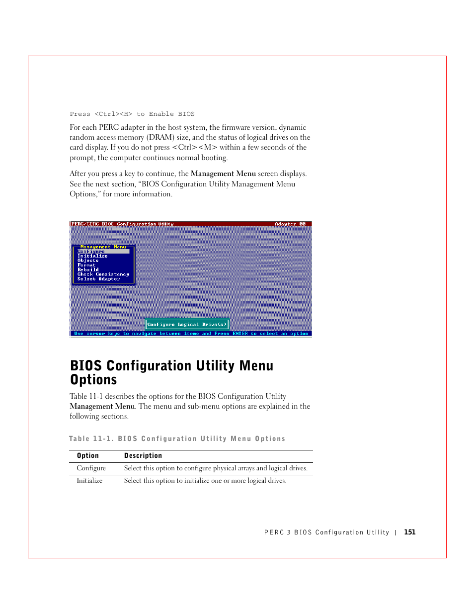 Bios configuration utility menu options | Dell 3 User Manual | Page 153 / 254