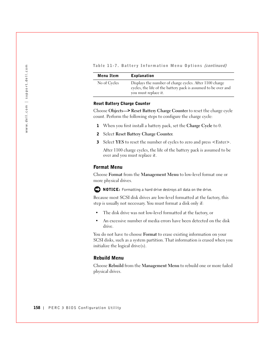 Format menu, Rebuild menu | Dell 3 User Manual | Page 160 / 254