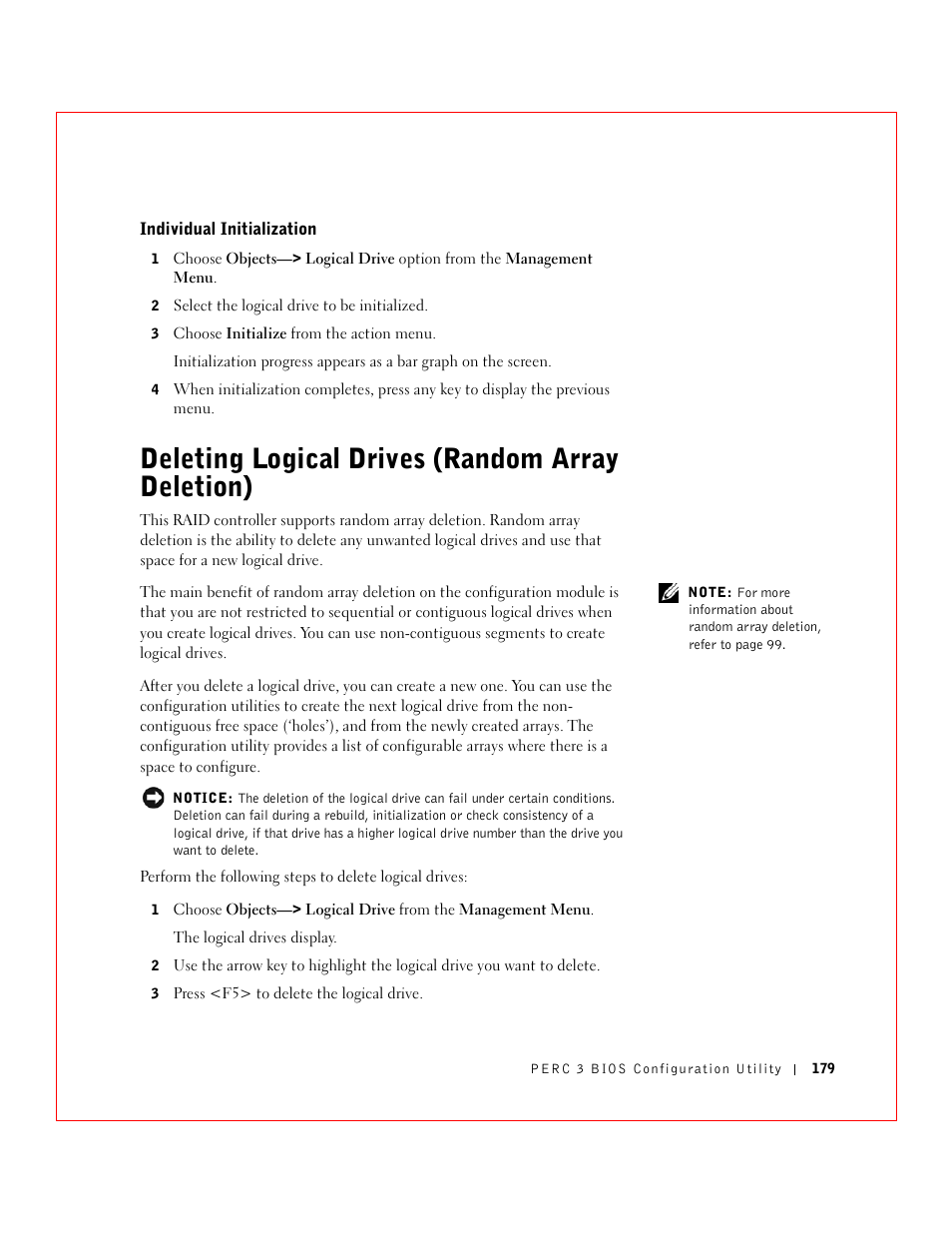 Deleting logical drives (random array deletion) | Dell 3 User Manual | Page 181 / 254