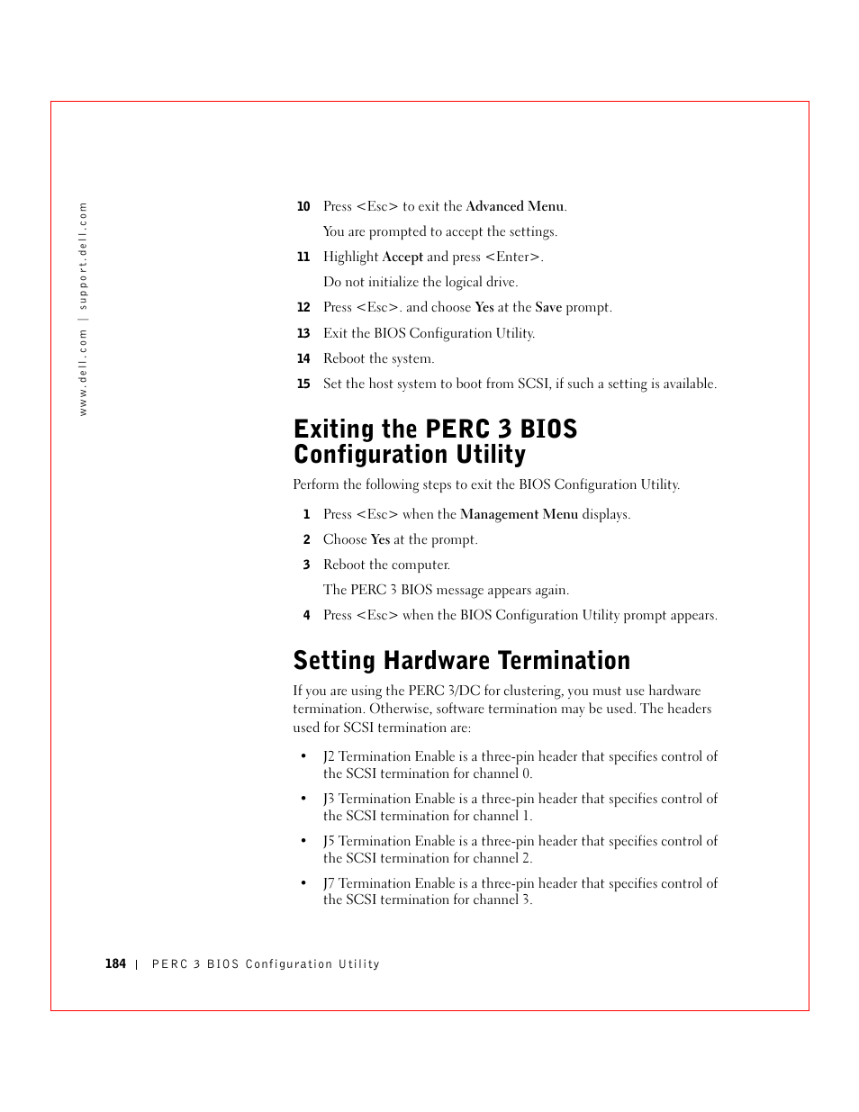 Exiting the perc 3 bios configuration utility, Setting hardware termination | Dell 3 User Manual | Page 186 / 254