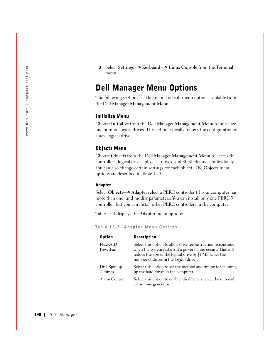 Dell manager menu options | Dell 3 User Manual | Page 192 / 254