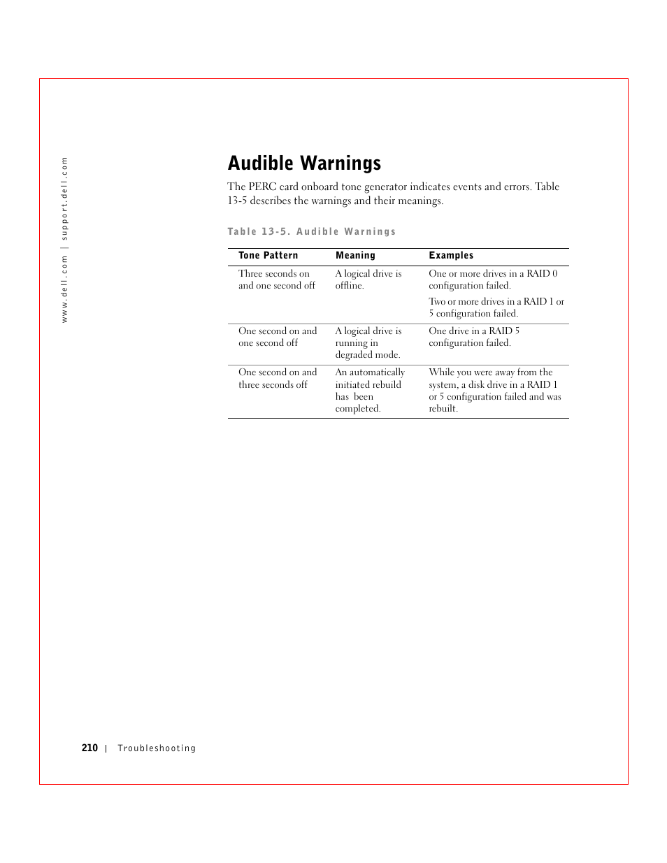 Audible warnings | Dell 3 User Manual | Page 212 / 254