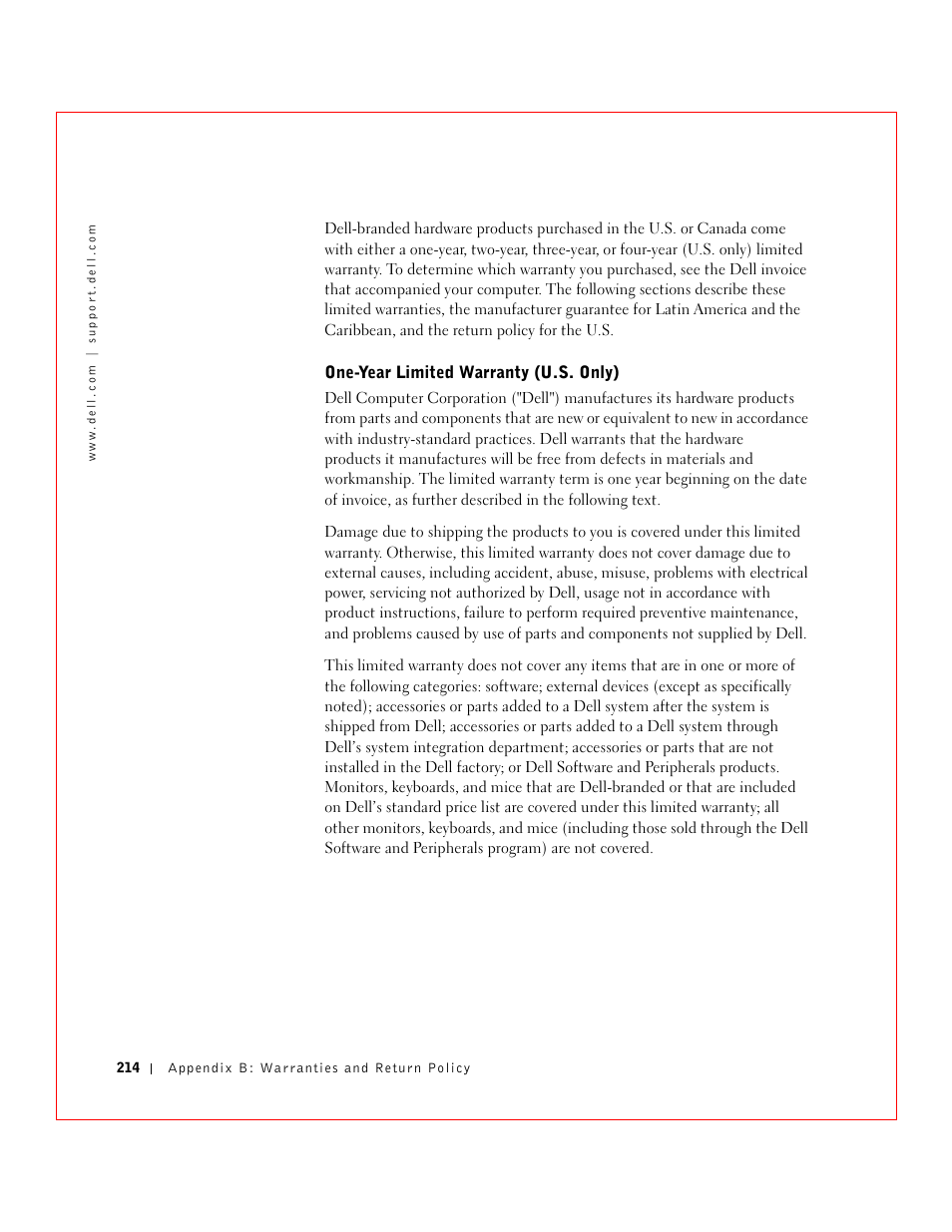 One-year limited warranty (u.s. only) | Dell 3 User Manual | Page 216 / 254