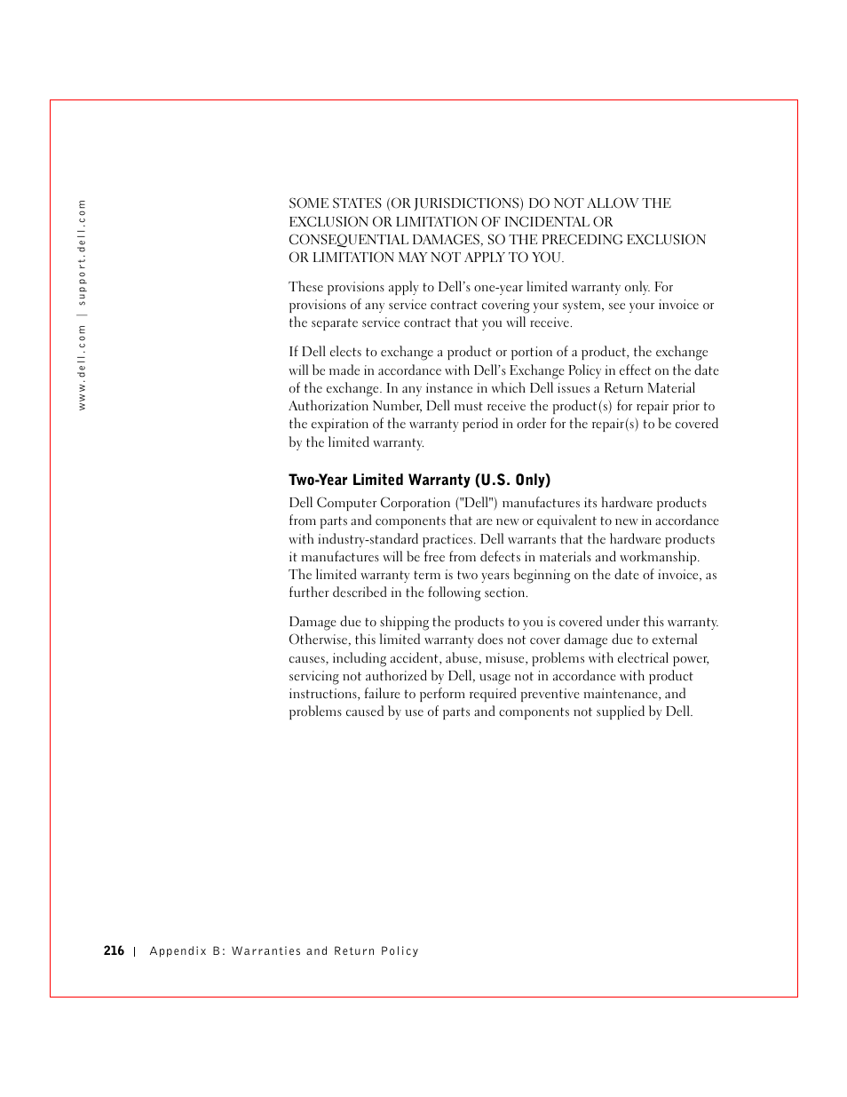 Two-year limited warranty (u.s. only) | Dell 3 User Manual | Page 218 / 254