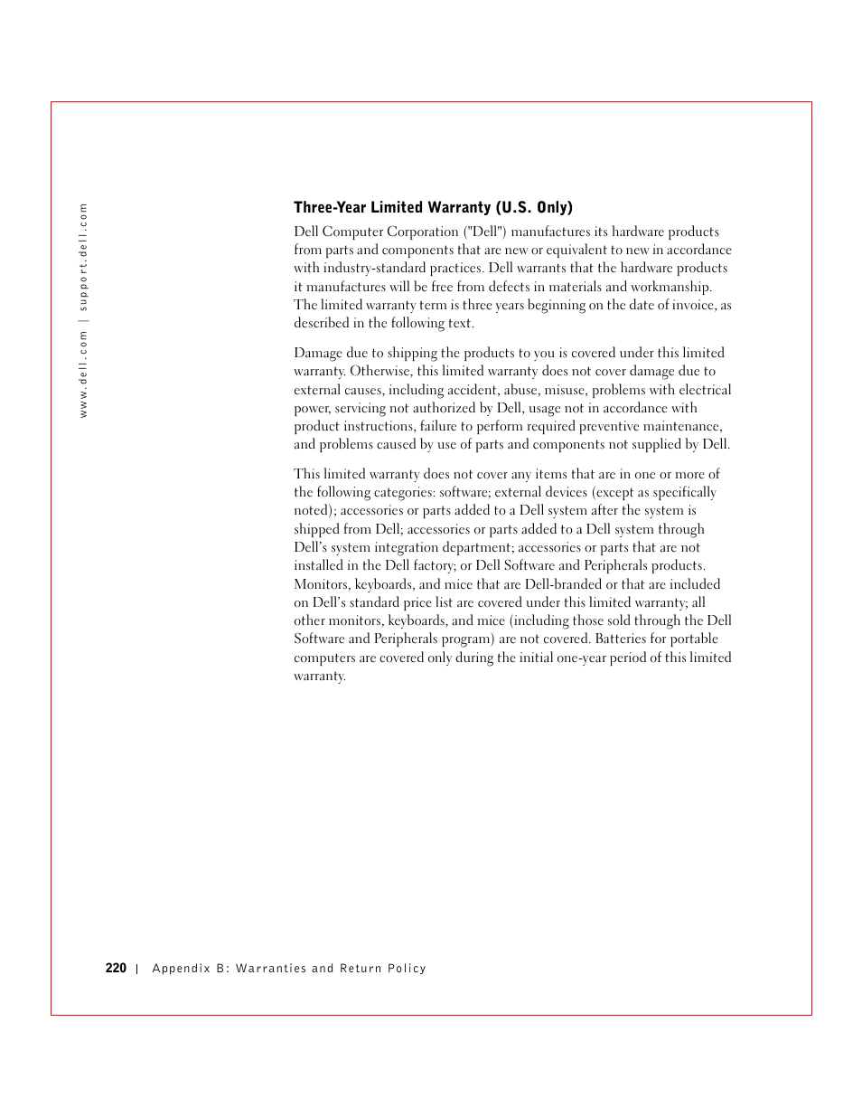 Three-year limited warranty (u.s. only) | Dell 3 User Manual | Page 222 / 254