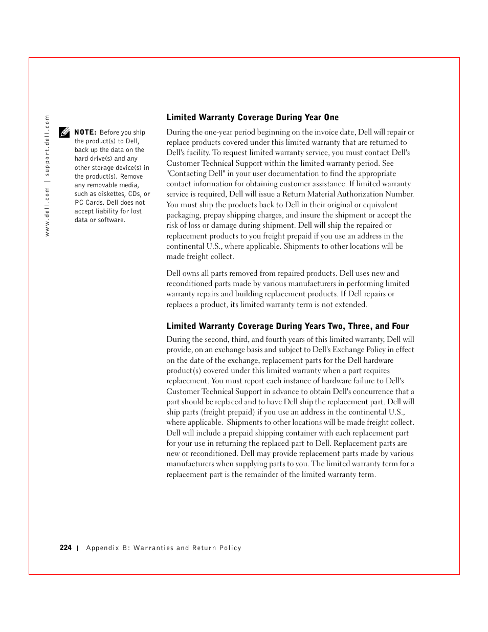 Limited warranty coverage during year one | Dell 3 User Manual | Page 226 / 254